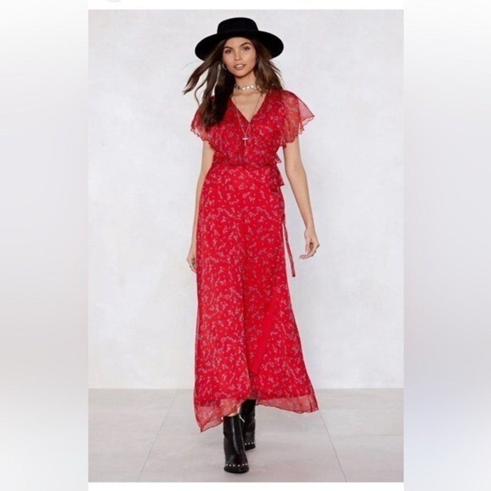 Nasty Gal Kick Some Bud Red Floral Maxi Wrap Dress Womens 2 Romantic Feminine